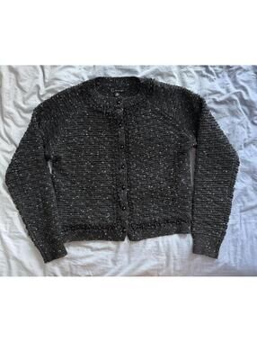 Greige Black Metallic Knit Cardigan Chanel Style Beaded Trim Sweater Medium M
